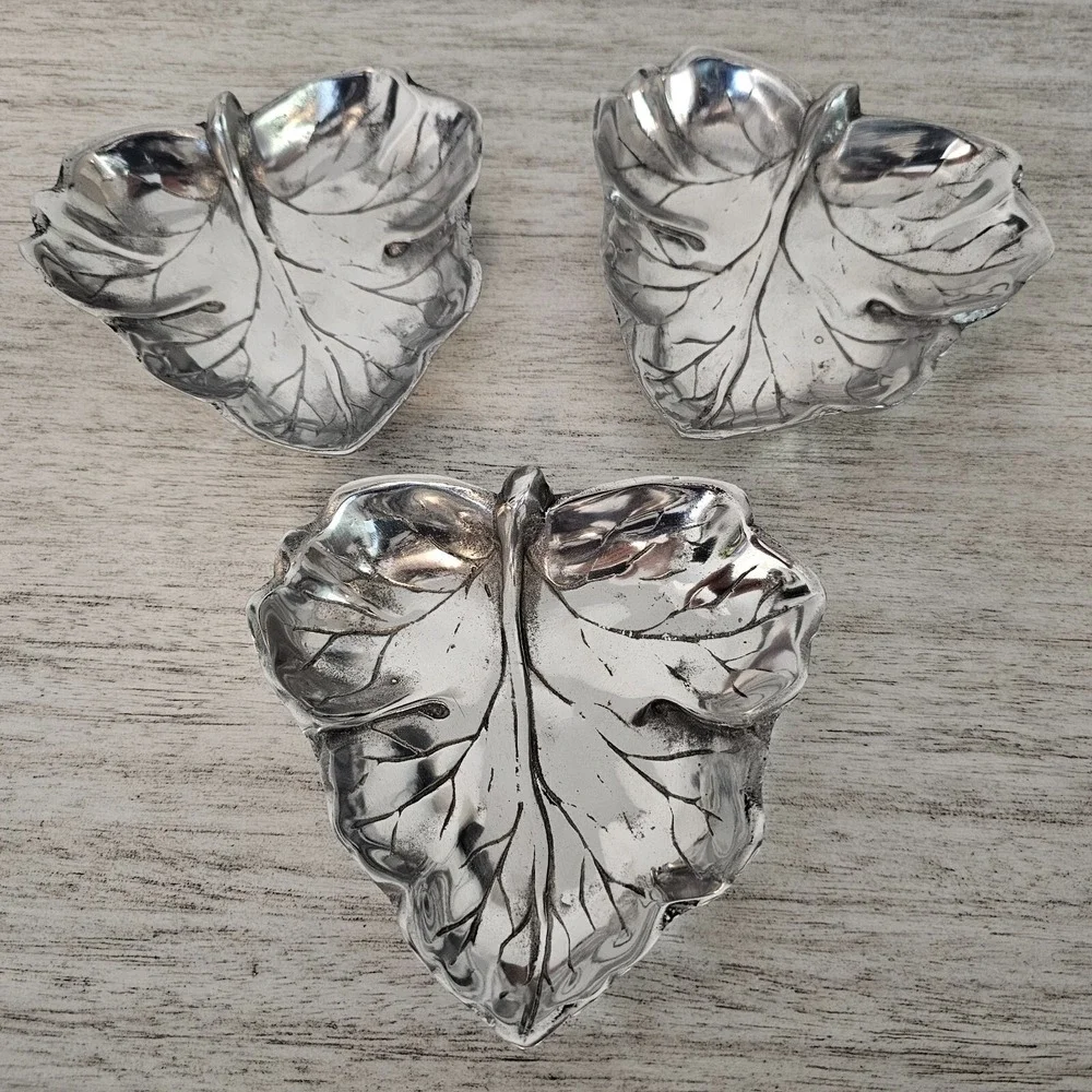 (X3) Leaf Design Trays‎ Antique Silver Plated Decor Trinket Coin Ring